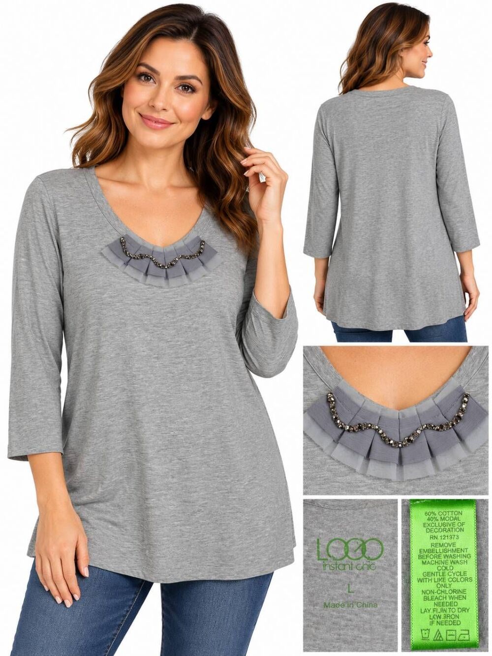 LOGO Instant Chic L Gray Ruffle Rhinestone 3/4 Sleeve Top